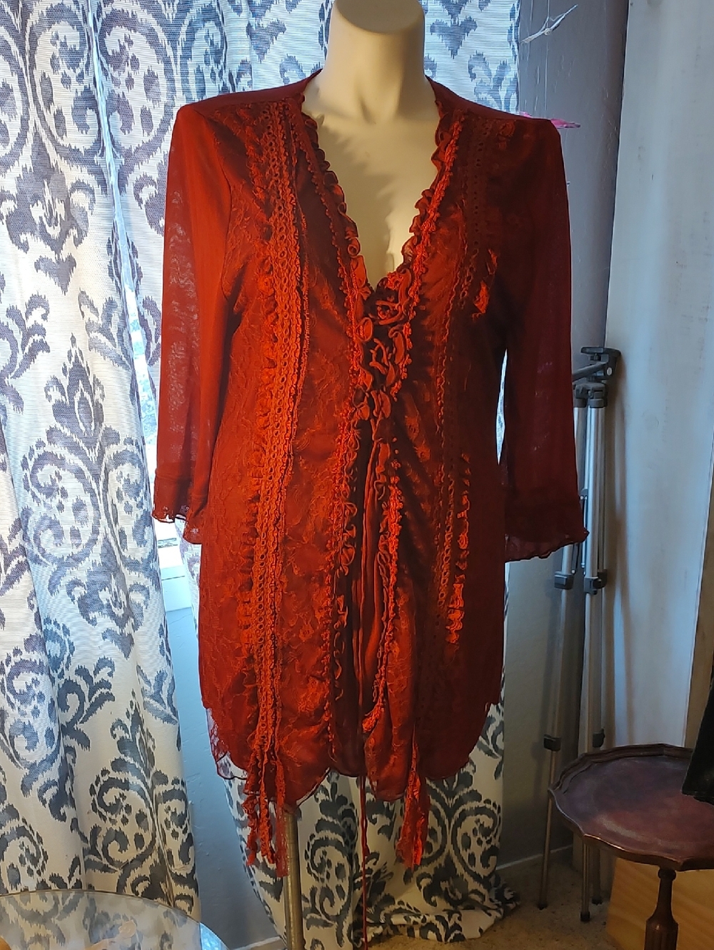 Pretty Angel Red Lace-Trim Tunic with Ruffle Front
